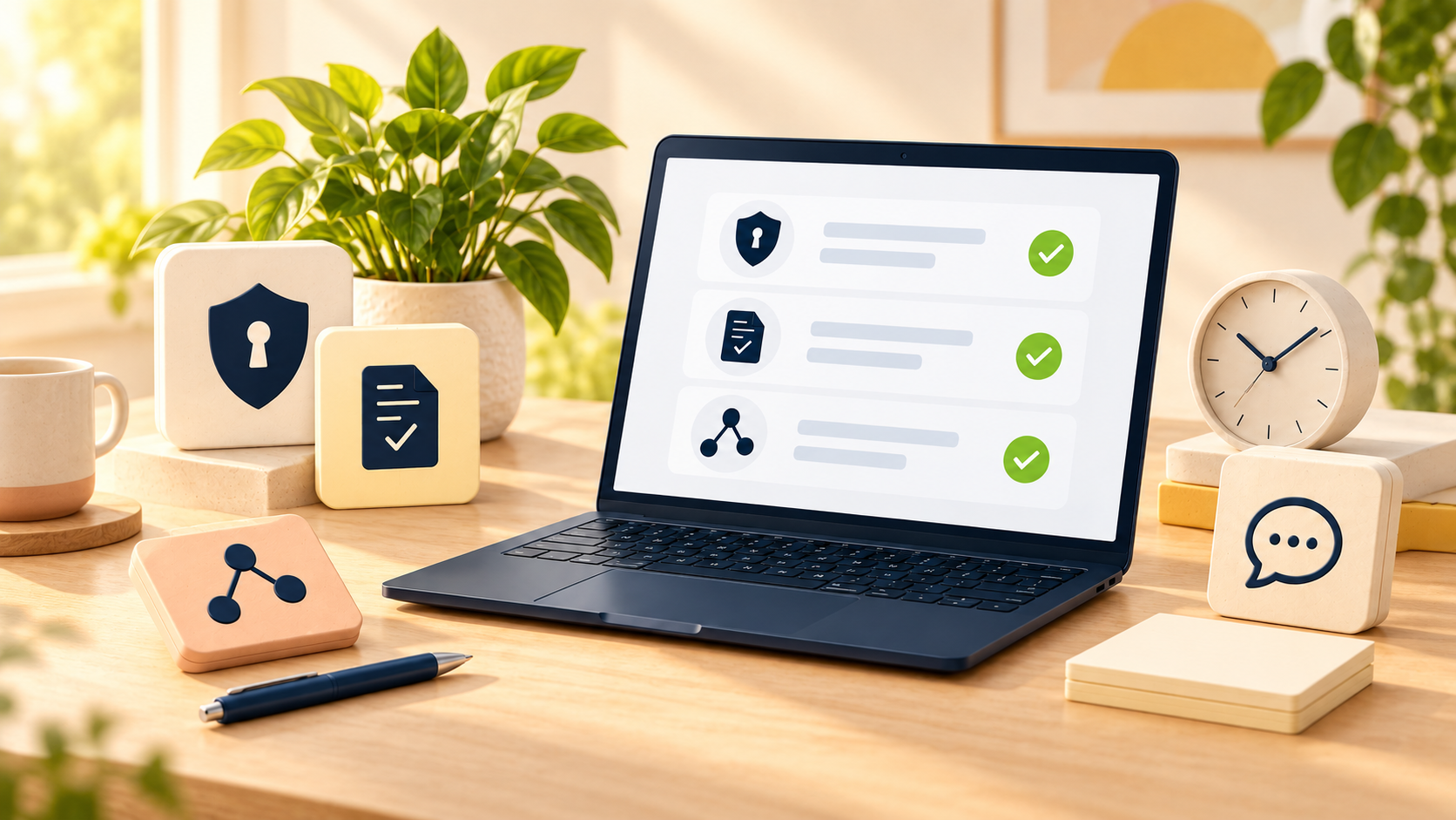 Digitale Werkzeuge für Unternehmen mit Symbolen für Datenschutz, Dokumentation und Fristenkontrolle